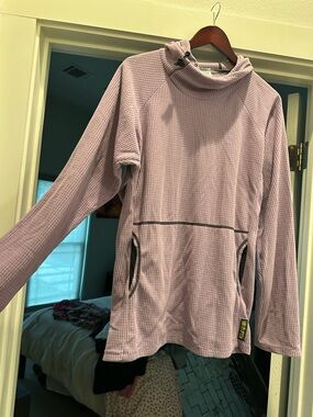 Melanzana Lilac Waffle Pullover with Neon Green Logo Tag